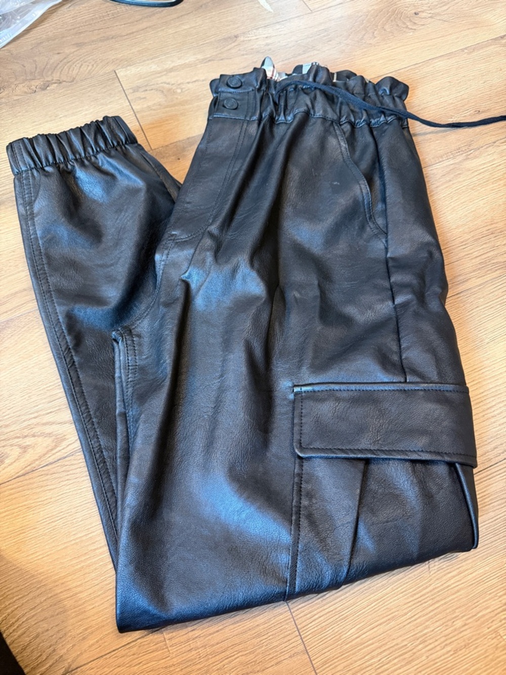 Women’s  Black Faux Leather Cargo Jogger Pants